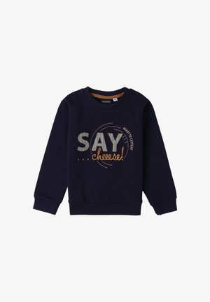 Felpa per bambini di colore blu navy con il testo "SAY chees!" e dettagli in cucitura circolare sul davanti, dotata di maniche lunghe e colletto tondo.