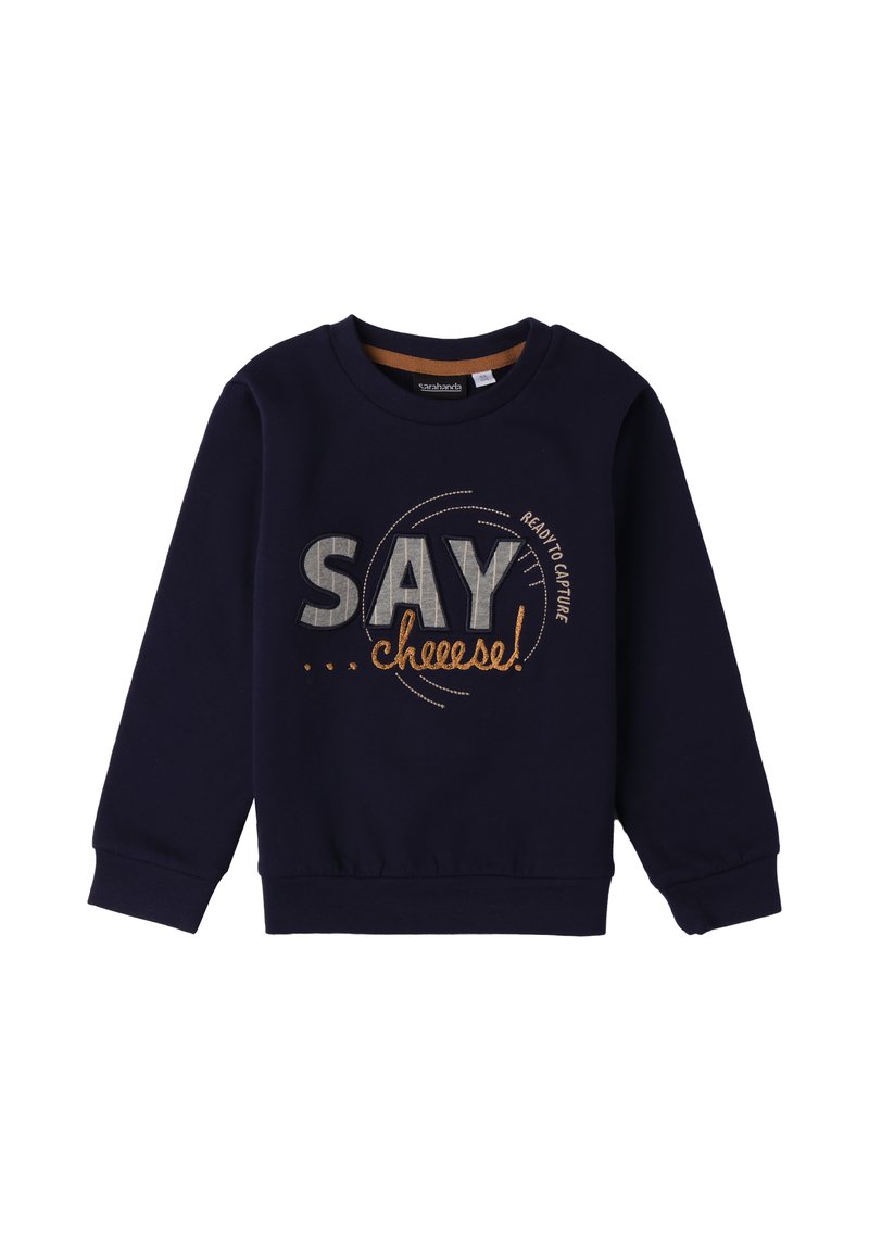 Felpa per bambini di colore blu navy con il testo "SAY chees!" e dettagli in cucitura circolare sul davanti, dotata di maniche lunghe e colletto tondo.