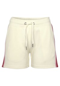 Crème korte broek van zachte stof met een trekkoord in de taille, voorzien van roze zijpanelen en een relaxte pasvorm.