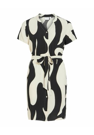 Jurk met korte mouwen en knopen, zwart-wit abstract patroon, V-hals en ceintuur in de taille.