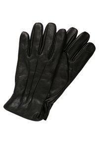 Guantes de cuero negro con una textura suave, cinco dedos y detalles de costura sutiles. Diseño clásico, adecuado para usar en clima frío.