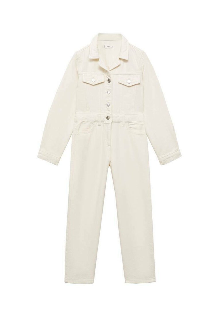 Combinaison en denim blanc avec des manches longues, un col, une fermeture à boutons sur le devant, des poches poitrine et des poches latérales. Présente un design à jambes fuselées.