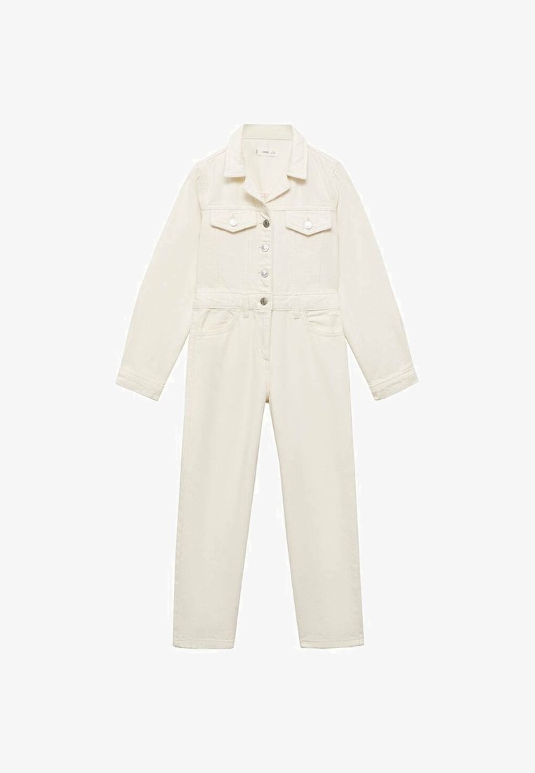 White denim jumpsuit with long sleeves, collar, button front, chest pockets, and side pockets. Features a tapered leg design.