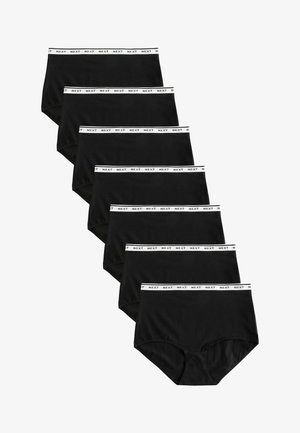 Svarta bomullsunderdelar i ett paket med åtta, med ett vitt elastiskt midjeband där "NEXT" upprepas. Enkel design, inga ytterligare mönster eller detaljer.