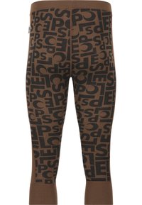 Braune Leggings mit einem schwarzen Textmuster, das unterschiedliche Schriftgrößen aufweist. Glatte Textur und taillierte Passform mit elastischem Bund.