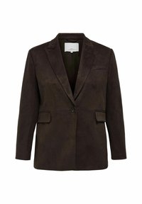 Pruuni suede bleiser, millel on üks nupp, lõigatud krae ja kaks eesmist taskut. Sile tekstuur ja istuv lõige.