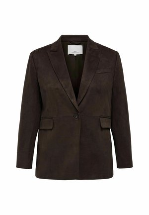 Blazer en suède marron avec un bouton unique, revers crantés et deux poches avant. Texturé lisse et coupe ajustée.