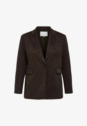 Brun ruskindsblazer med en enkelt knap, snit på klapperne og to forlommer. Glat tekstur og skræddersyet pasform.