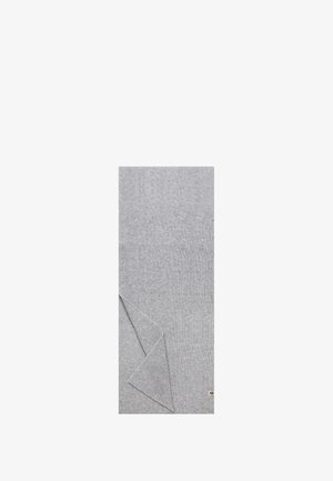 Graue gestrickte Decke mit geripptem Muster, an einer Ecke gefaltet, mit einem kleinen Logo-Tag in der unteren rechten Ecke. Weiches Material, rechteckige Form.