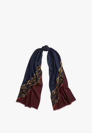 Sciarpa blu navy e bordeaux con motivo dorato a morso equestre, annodata in un nodo sciolto al centro, bordi leggermente sfrangiati.