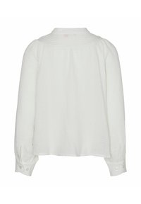 Blusa bianca a maniche lunghe realizzata in tessuto strutturato, presenta un collo arrotondato e polsini con bottoni, con dettaglio di arricciatura sul retro.