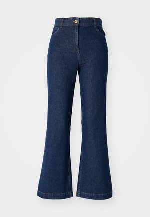 High-waisted dark blue denim jeans with slight flare at the bottom, front pockets, and a button closure.