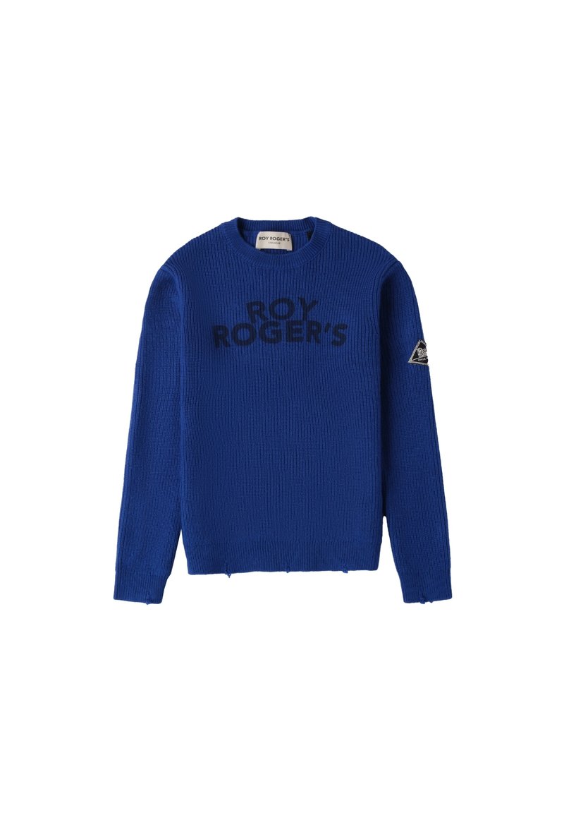 Blauwe gebreide trui met geribbelde textuur, ronde hals en het logo "ROY ROGER'S" in het zwart. Heeft een driehoekaccent op de linker mouw.