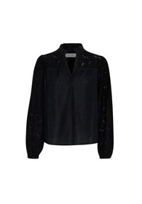 Blouse noire avec col en V, manches longues en dentelle, coupe ample, confectionnée à partir d'un mélange de tissus lisses et texturés.