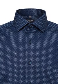 Marineblaues Hemd mit einem kleinen, sich wiederholenden Blumenmuster. Aus einem Stoff mit glatter Textur gefertigt. Beinhaltet einen traditionellen Kragen und Knöpfe.