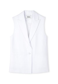 Witte mouwloze blazer met notch revers, een enkele knoopsluiting en twee voorzakken. Gemaakt van een soepele, lichte stof.