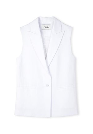 Weißes ärmelloses Blazer mit Reverskragen, einem einzigen Knopfverschluss und zwei Vorderaschen. Hergestellt aus einem glatten, leichten Stoff.