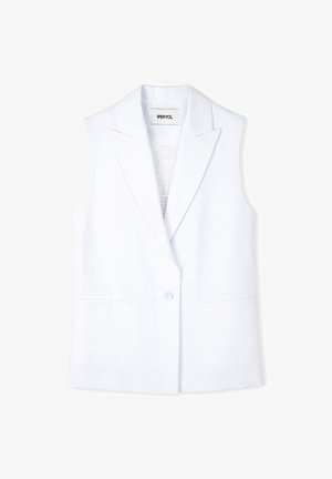 Weißes ärmelloses Blazer mit Reverskragen, einem einzigen Knopfverschluss und zwei Vorderaschen. Hergestellt aus einem glatten, leichten Stoff.