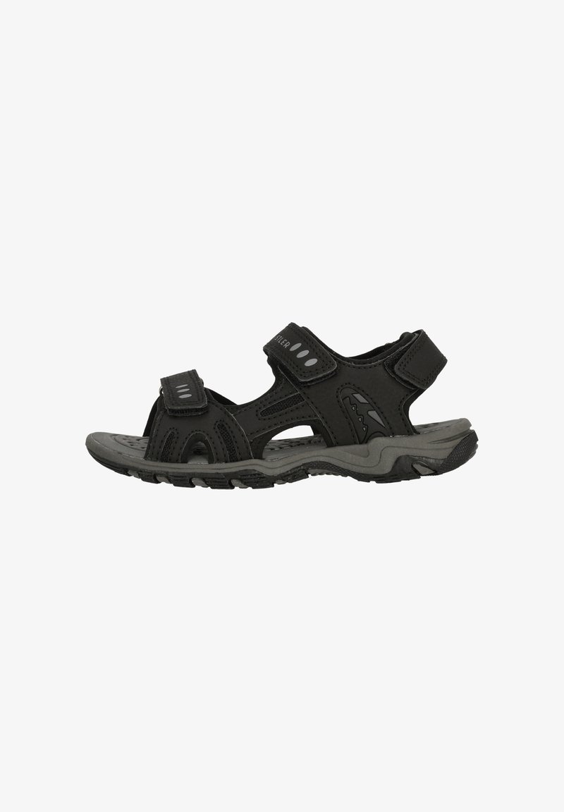 Sandales noires avec des sangles Velcro réglables, semelle en caoutchouc, détails découpés et finition texturée. Design léger pour le confort et la stabilité.