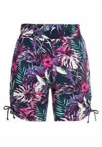 Blomstrede badeshorts med mørkeblå baggrund, prydet med livlige pink og lilla tropiske mønstre, elastisk talje og justerbare snore i siden.