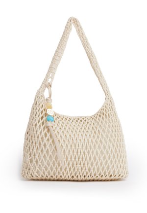 Borsa a tracolla in rete tessuta color crema con una tasca interna solida e perline decorative sulla cinghia.