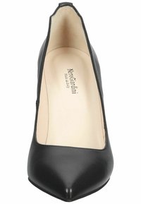Black leather high-heeled shoe with a pointed toe and smooth texture. Features a low-cut vamp and a beige interior with branding.