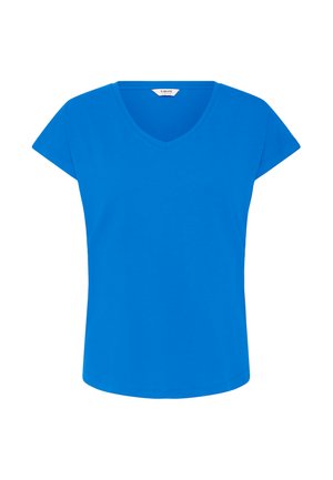 Tricou albastru cu decolteu în V, realizat din țesătură moale de bumbac. Mâneci scurte, croială lejeră și textură netedă. Fără modele sau accente notabile.