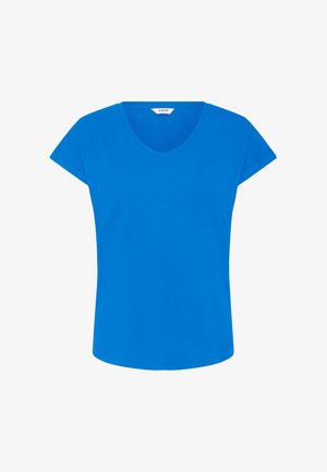 Blue V-neck t-shirt made of soft cotton fabric. Short sleeves, relaxed fit, and a smooth texture. No notable patterns or accents.