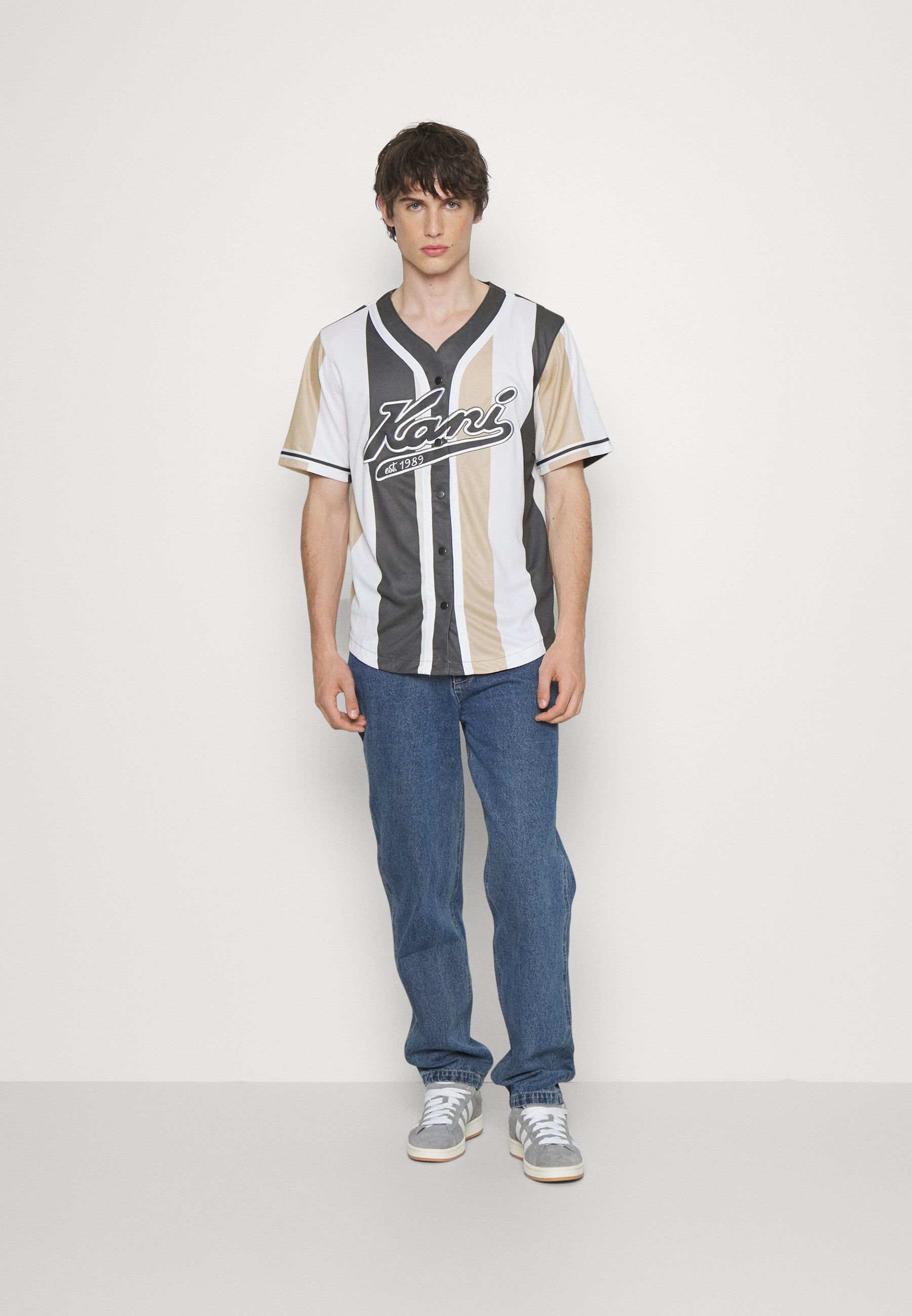 KARL KANI◆Varsity Logo Pinstripe Baseball Shirt [LB] Karl Kani Varsity Logo Pinstripe Baseball Shirt niebieski