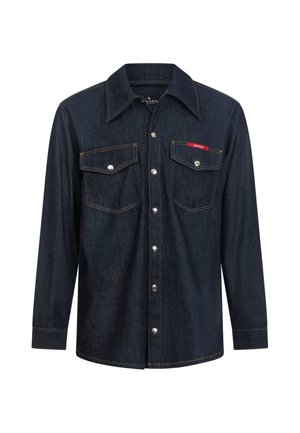 Dunkelblaues Denim-Hemd mit langen Ärmeln, spitzem Kragen, zwei vorderen Klappentaschen mit Knöpfen und silbernen Druckknöpfen vorne.