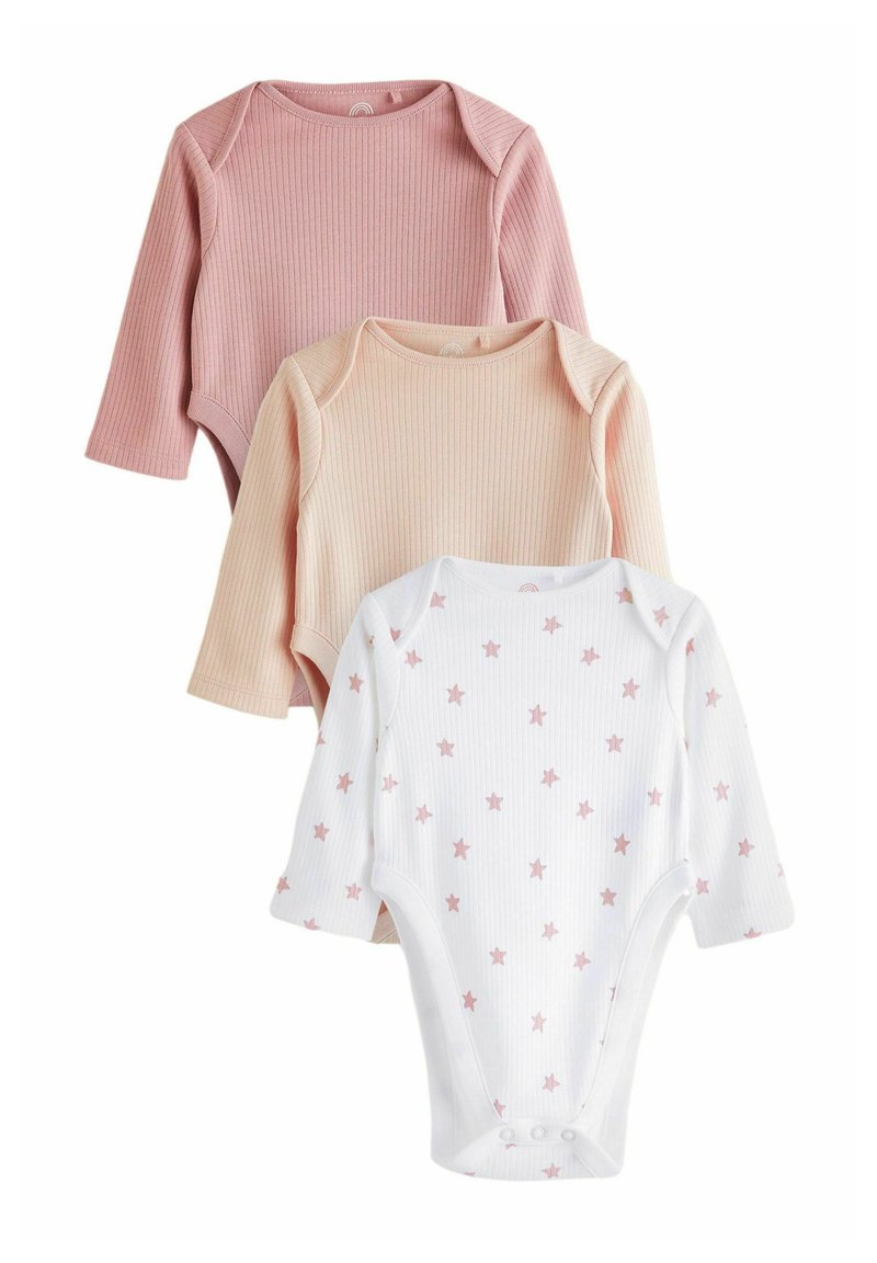 Tre langærmede bodysuits: en pink, en ferskenfarvet, og en hvid med pink stjernemønster. Alle har ribbet stof og trykknaplukning i bunden.