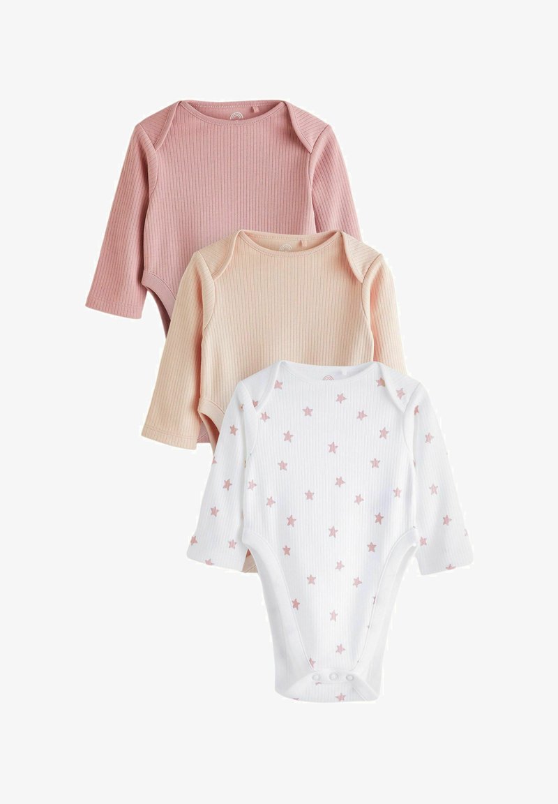 Tre body a maniche lunghe: uno rosa, uno pesca e uno bianco con motivo di stelle rosa. Tutti hanno un tessuto a costine e chiusure a pressione nella parte inferiore.