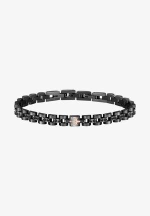 Bracciale in metallo nero con maglie intrecciate, caratterizzato da una finitura liscia e una texture lucida. Include un distintivo dettaglio a emblema in oro rosa.