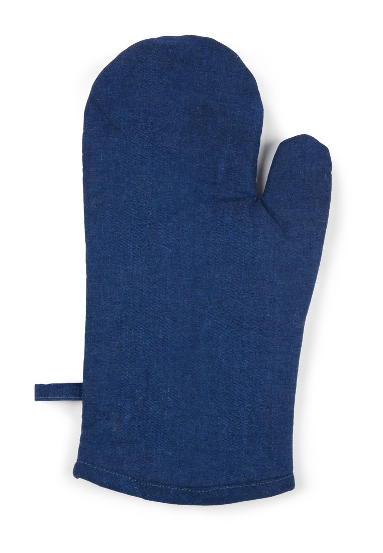 Navyblaue Baumwollofenhandschuh mit abgerundetem Oberteil, seitlichem Schlitz für einfaches Handling und weicher Textur, entworfen zum Hitzeschutz.