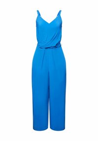 Combinaison bleue sans manches avec jambes larges, encolure en V, bretelles réglables et détail froncé à la taille.