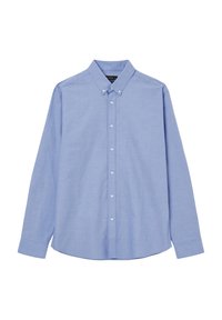 Helles blaues Langarm-Hemd mit Knopfverschluss aus glattem Baumwollstoff. Verfügt über einen klassischen Kragen und Knopfverschlüsse auf der Vorderseite. Gerader Saum.