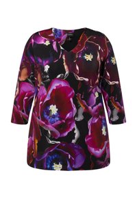 Blumenmuster-Tunika in Schwarz mit großen lila und blauen Blumen, V-Ausschnitt und 3/4-Ärmeln. Weicher Stoff mit glatter Textur.
