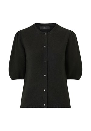 Cardigan noir, en matériau tricot doux, col rond, manches bouffantes, fermeture à boutons sur le devant avec de petits boutons blancs, tissu texturé.