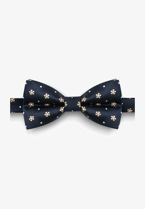 Granatowy muszka wykonana z żebrowanej tkaniny, z białymi kropeczkami i małymi jasnymi wzorami kwiatowymi.