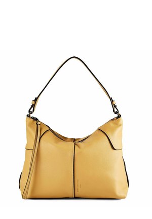 Żółta skórzana torba na ramię z pojedynczym paskiem i subtelnie wytłoczonym nazwiskiem marki w dolnej części na środku.