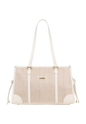 Beżowa torba na ramię z geometrycznym wzorem tkanym, kremowymi skórzanymi uchwytami, narożnymi akcentami, bocznymi frędzlami i małą metalową plakietką z logo marki.