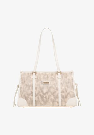 Beige draagtas met geometrisch geweven patroon, crèmekleurige leren handvatten, hoekaccenten, zij-tassels en een klein metalen merkplaatje.