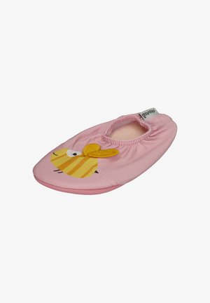 Pink children's slipper with elastic opening and yellow striped bee design with 3D wings on the front.