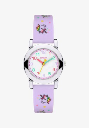 Børneanalogur med sølvkasse, pastel-farvede tal, stjerneformede visere og lavendelrem dekoreret med enhjørninger og stjerner.