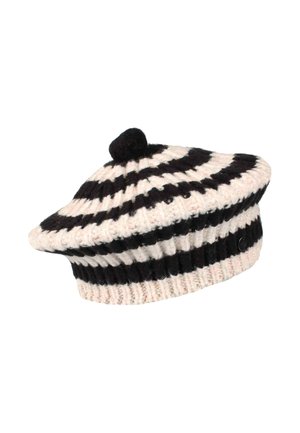 Prugasti beret šešir napravljen od vune, sa naizmjeničnim crnim i krem bojama, okruglim vrhom i pom-pomom na vrhu.