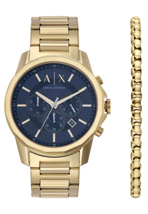 Goldfarbene Herrenarmbanduhr von Armani Exchange mit blauem Zifferblatt, Chronographen-Unterzifferblättern, Datumsanzeige und passendem goldfarbenem Gliederarmband.