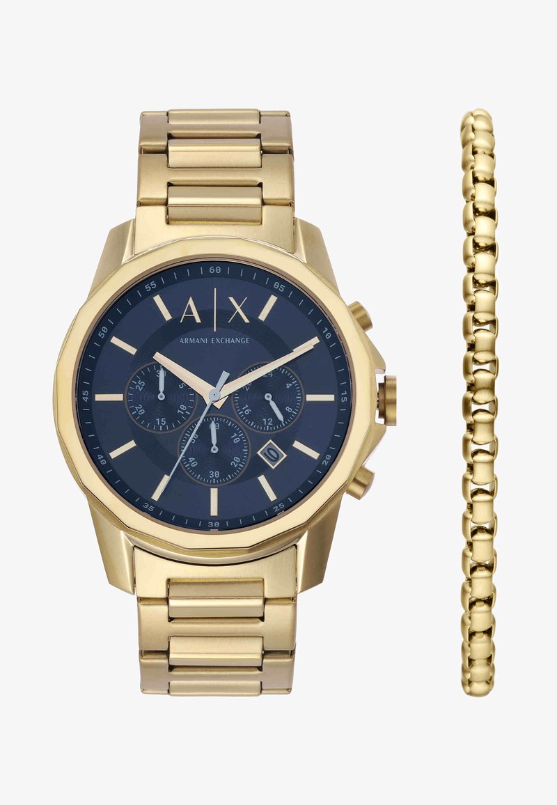Armani Exchange herre ur i guldtone med blå urskive, chronograph-underfelter, datovisning og matchende guldkædearmbånd.