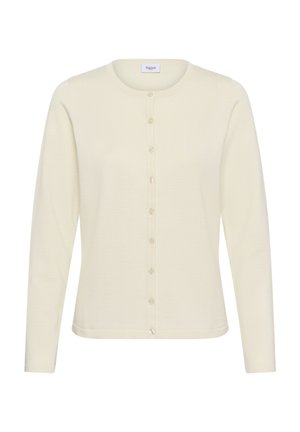 Cardigan à manches longues de couleur crème avec encolure ronde et rangée de petits boutons assortis à l'avant, design uni.