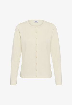 Cardigan à manches longues de couleur crème avec encolure ronde et rangée de petits boutons assortis à l'avant, design uni.