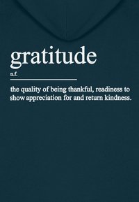 Sötétkék kapucnis pulóver, amelyen nagy fehér betűkkel a "köszönet" szó olvasható, alatta pedig kisebb fehér betűkkel a definíció. Sima szövet textúra.